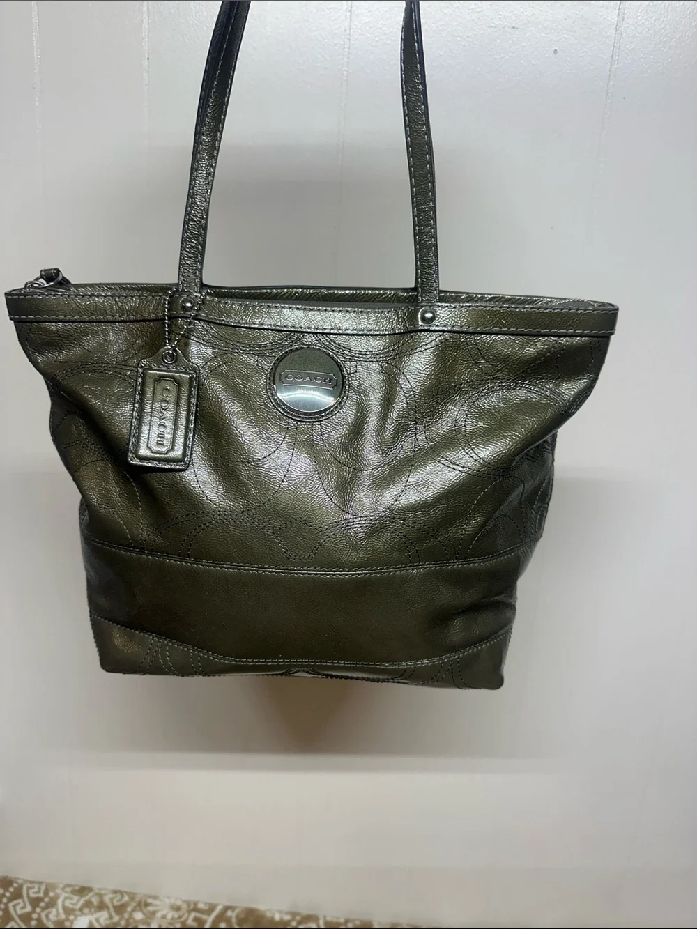COACH Olive Leather Tote with Signature Charm